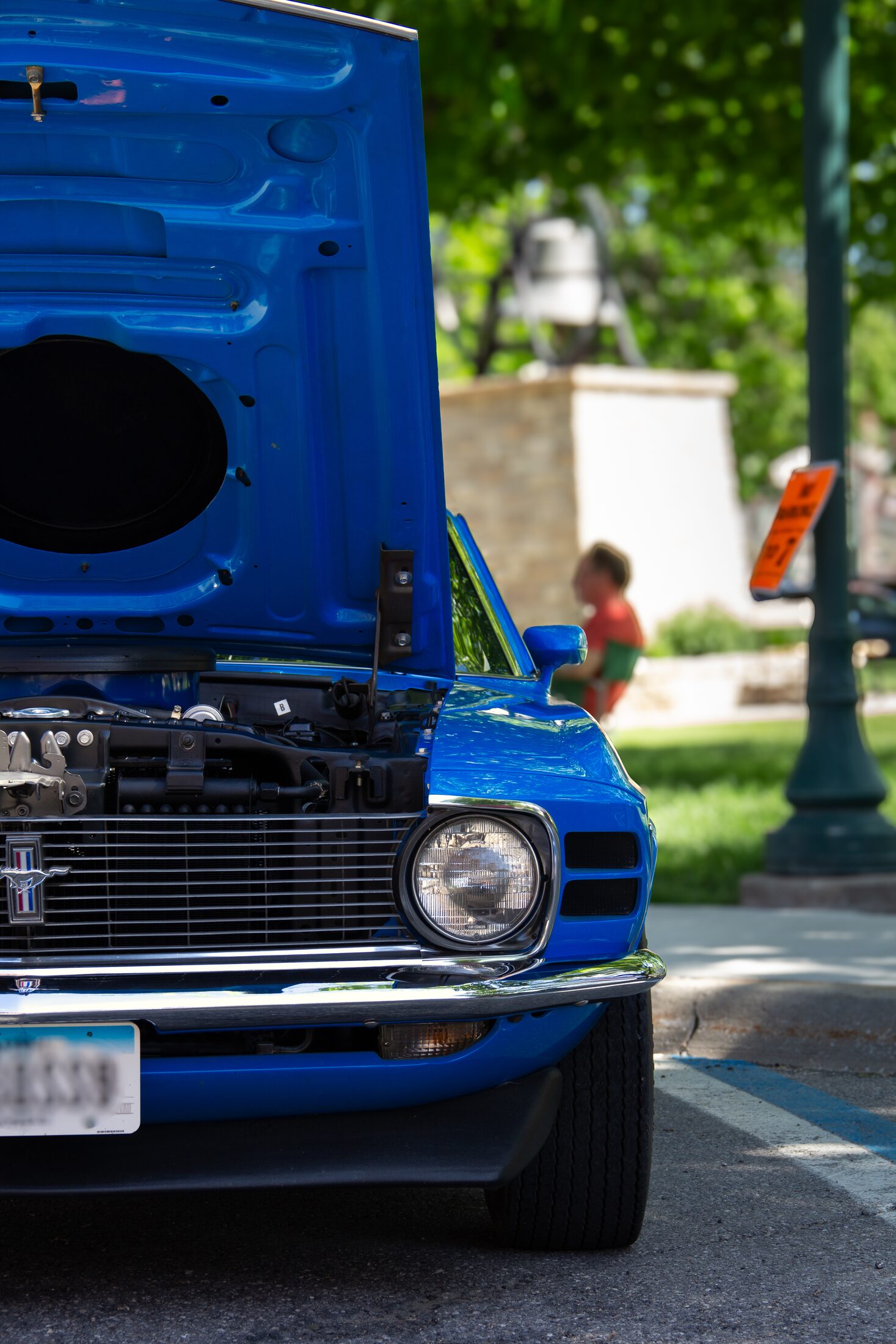 Close detail of a blue classic car