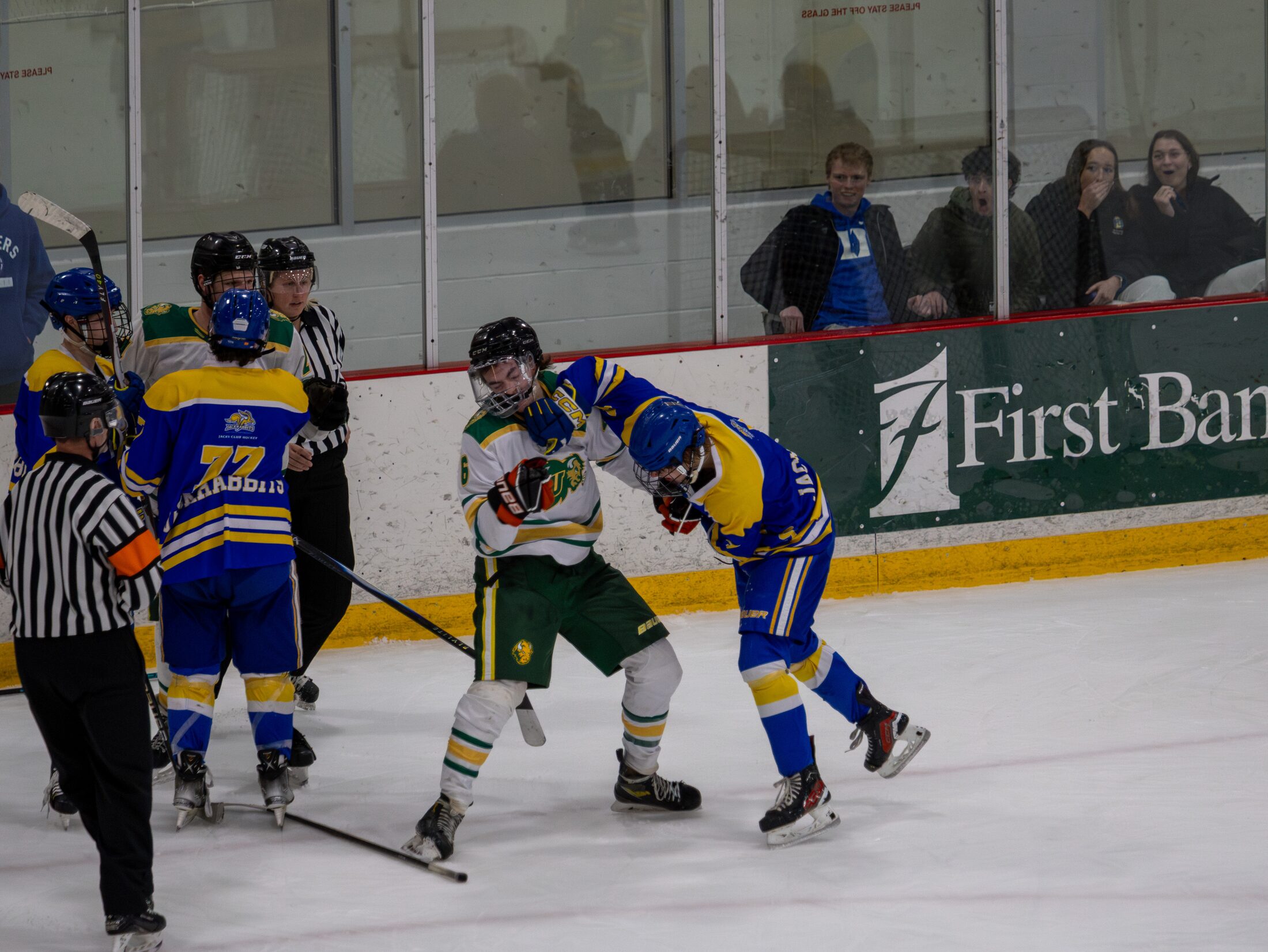 Hockey players battling along the boards
