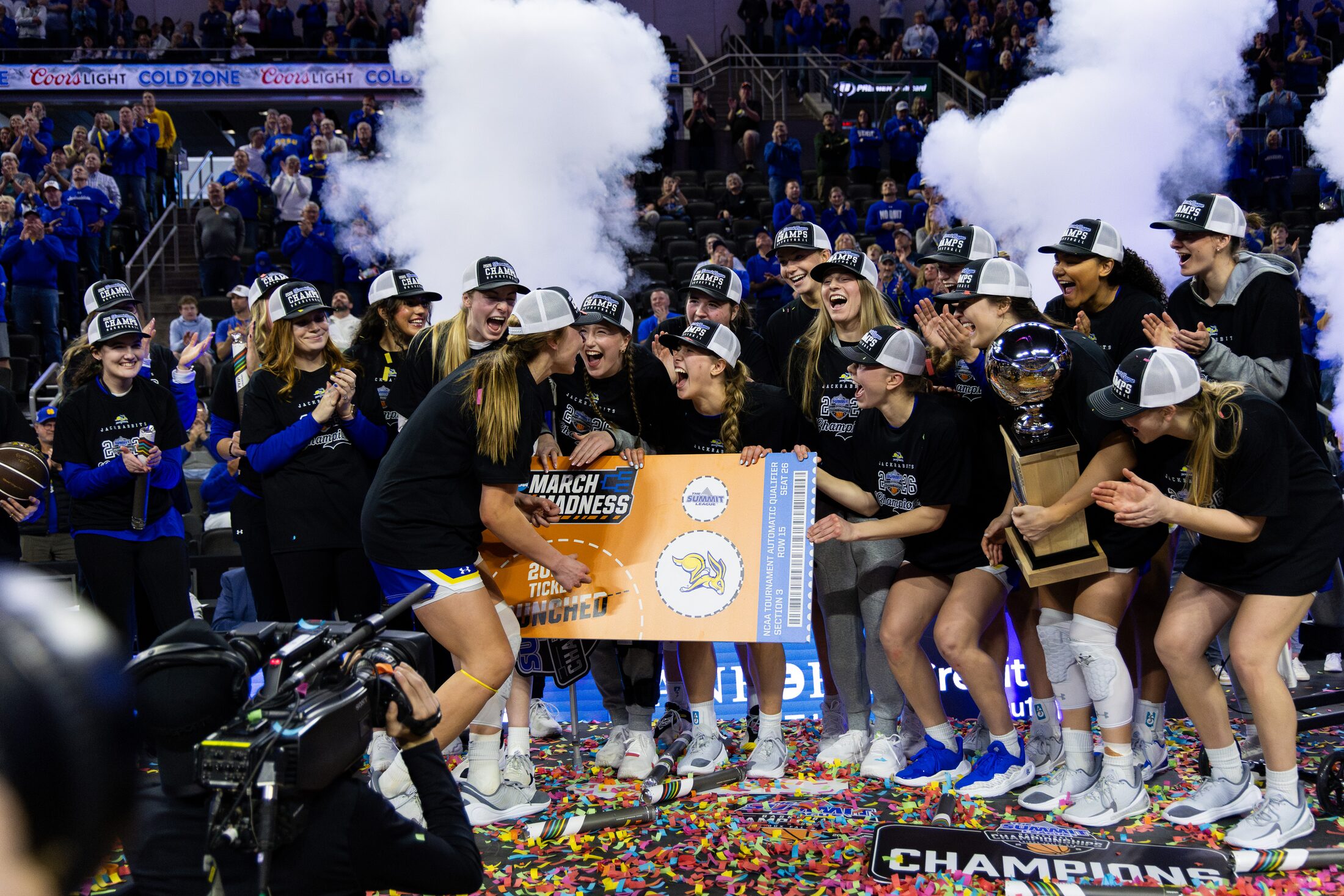 Championship celebration with confetti and smoke
